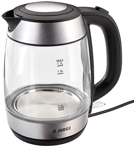 Judge JEA93 Glass Kettle, 1.7L Jug Capacity, 2200W Concealed Heating Element, Water Level Indicator in Gift Box – 2 Year Guarantee