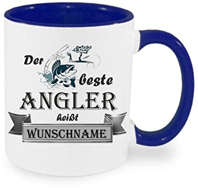 Crealuxe Kaffeetasse - Der Beste Angler heißt (Wunschname) - Spruchtasse, Bürotasse, bedruckte Keramiktasse, Tasse mit Spruch, Hochwertige Kaffeetasse, Tasse personalisiert (Blau)