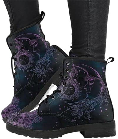 Minetom Damen Gothic Chelsea Boots Frauen Punk Stiefeletten Biker Boots Winter Knöchel Stiefel Mit Blockabsatz Gotisch Drucken Kurze Stiefel B Mond 42 EU