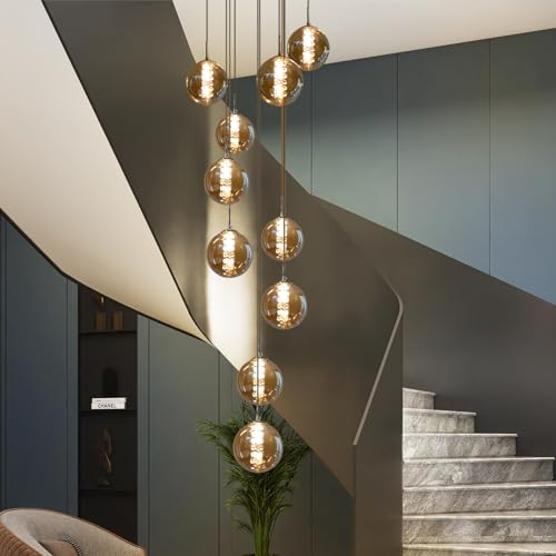 CBJKTX Pendelleuchte Wohnzimmer Pendellampe Modern - Treppenhaus Hängeleuchte 15 Flammig Hängelampe aus Glas 200CM Höheverstellbar Esstischlampe für Esszimmer Küche Esstisch Flur (Bernstein)