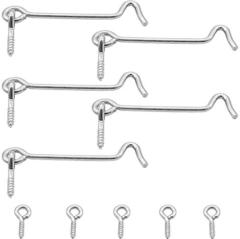 Waziaqoc 5 pollici gancio e occhiello fermo (5 pezzi), resistente ferro granaio serratura della porta privacy serratura di fissaggio a vite per porte scorrevoli, barn porta, cancello, cabina – argento