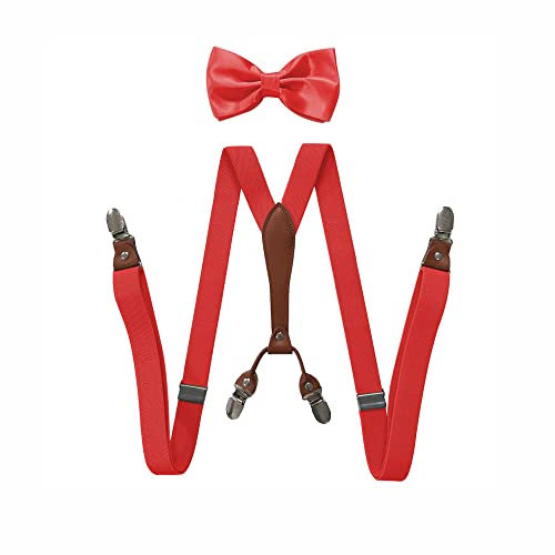 BaronHong Hosenträger-Fliege-Set für Damen und Herren, 2,5 cm breit, Y-Form mit 4 Clips, verstellbare Hosenträger für formelle Hochzeiten (rot, M)
