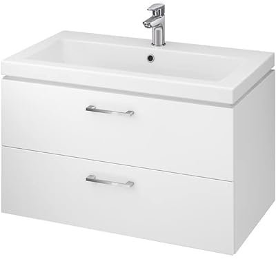 BAD LAND Waschbeckenunterschrank Lara Como 80cm Weiß Badmöbel Badezimmerschrank Keramikwaschbecken 2-Schubladen…