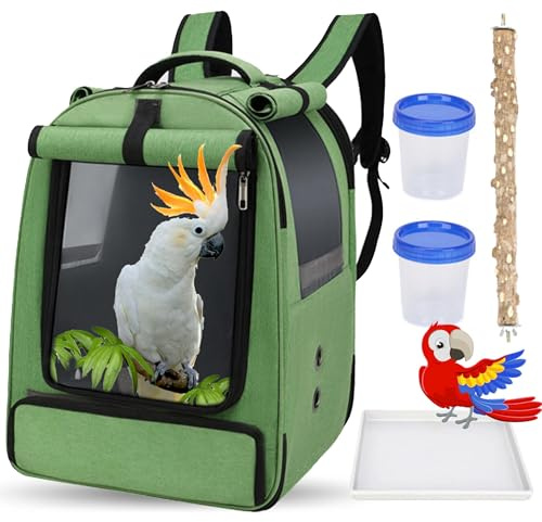 DJAER - Vogelrucksack Transportkäfig für Nymphensittiche, Papageien, Rucksackträger mit 2 Schalen und stehender Sitzstange, Sittichtrage, Reisekäfig