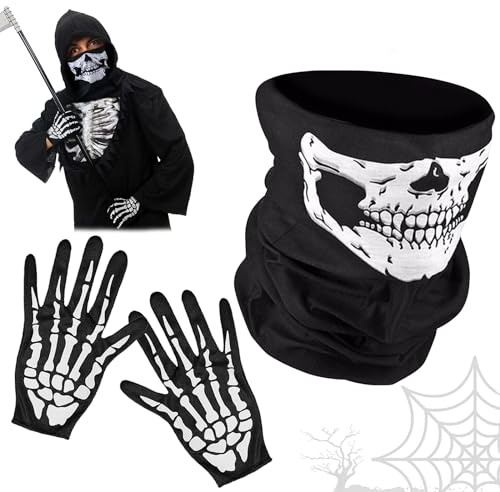 Zkaoai Skelett Maske Handschuhe Halloween, Fasching Skelett Kinder Herren Maske Skeleton Gloves, Halloween Skull Mask Schlauch Skelettmaske Kinder, Totenkopf Maske Schwarz Karneval Kostüm Accessoires