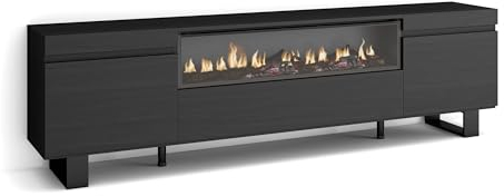 Skraut Home | TV-Schrank, Lowboard | für Wohnzimmer und Esszimmer | 200x57x35cm | Für TV-Geräte bis zu 80 | Elektrokamin. Maße | Industriedesign | Moderner Stil | Schwarz