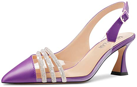HEUIVZAR Women Mid Kitten Heel Pointed Toe Sandals Pumps Court Shoe Slingback Rhinestone Crystal Office Dress 6.5 CM Heels Purple 6.5 UK