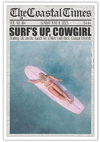 Liyark Coastal Girl Surfbrett-Poster, Surfbrett-Poster, Surf-Up-Cowgirl-Strand, auf Leinwand, flippig, trendig, ästhetische Drucke, Gemälde für Teenager-Mädchen, Wanddekoration, 30,5 x 40,6 cm,