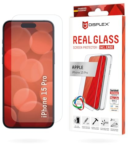 Displex Panzerglas (10H) + Schutzhülle für Apple iPhone 15 Pro, Eco-Montagerahmen, Case, Tempered Glas, kratzer-resistente Schutzfolie