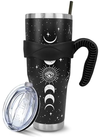 Moon Phase Goth Black 40 Oz Tumbler with Handle and Straw, Big Stainless Steel Vacuum Insulated Tumbler Iced Coffee Cup Water Bottle Travel Mug, Witchy Gothic Decor Accessories Stuff, Halloween Gifts