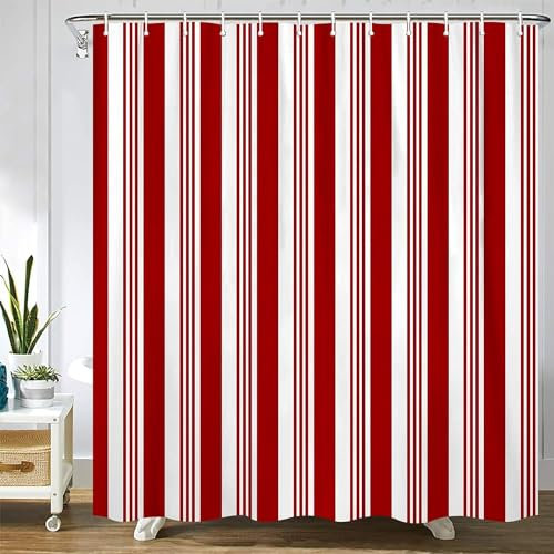 Duschvorhang 120x200 Rot Gestreift, Duschvorhänge Antischimmel 3D Weihnachtstag, Shower Curtains Waschbar, Badevorhang für Badewanne Badezimmer, mit 8 Ringe C2850