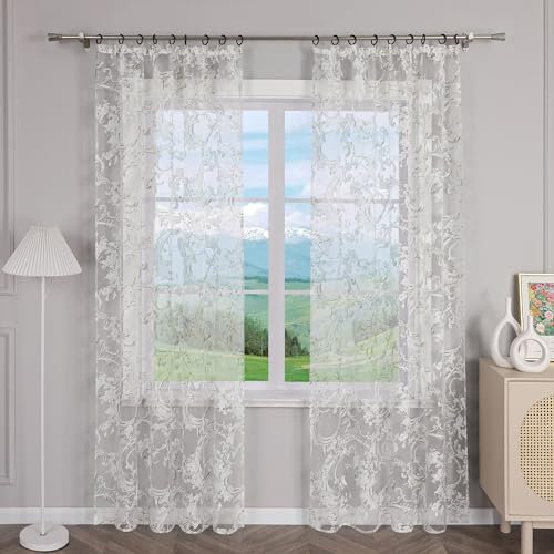 Delien Gardinen Ausbrenner Gardinenschals Modern Transparente Gardinen mit Blumenmuster Fenster Dekoschals Landhaus Wohnzimmer Vorhang mit Kräuselband 1 St. Grau,BxH 140x245cm