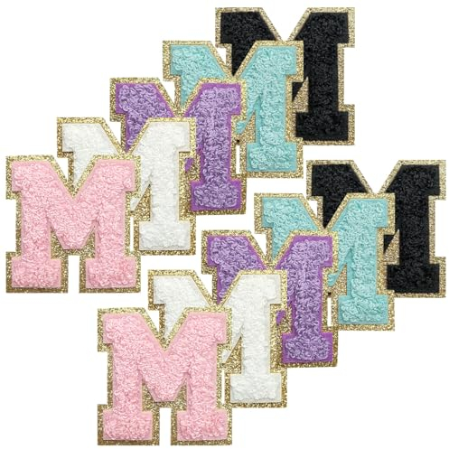 WILDREEDS 10Pcs Self Adhesive Chenille Letter Patches with Gold Glitters Border, Iron on Letter Patches, Chenille Embroidered Patch for Clothing, Letter M (White, Black, Pink, Purple, Blue)