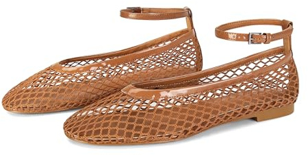 Wnshonzy Mesh Ballet Flats for Women Round Toe Fishnet Ballerina Flat Shoes Buckle Strap Women’s Mesh Mary Jane Flats Comfy Casual Office Womens Summer Brown Tan