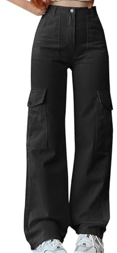 Generisch Baggy Jeans Damen Baggy Mädchen Cargohose Cargo Pants Women Hosen Jeans Damen Baggy Mädchen Cargohose Jeans High Waist Cargohose Damen Weite Hosen Mehrere Taschen Schwarz,L