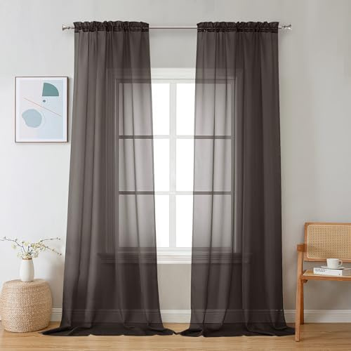 Chyhomenyc Sheer Chocolate Brown Curtains 90 inches Long 2 Panels, Light Filtering Soft Airy Solid Elegant Voile Window Treatment Drapes for Bedroom Living Room Wedding Party Decor, 42 Wx90 L Inches
