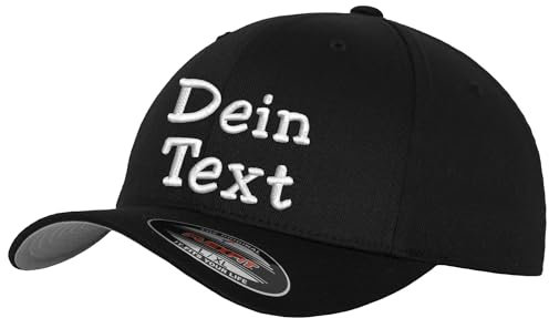 Flexfit Wooly Combed Basecap Bestickt mit Wunschtext (DE/NL/SE/PL, Alphanumerisch, XXL, Einheitsgröße, Black)