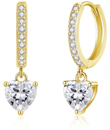 Cangall Creolen Gold mit Herz Anhänger für Damen, 925 Sterling Silber Ohrringe Hängend Creolen mit Herz Zirkonia Ohrhänger, Hypoallergen Schlafen Knorpel Ohrringe Gold Herz Creolen für Geburtstag