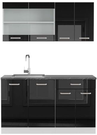 Vicco Singleküche R-Line, Küchenzeile Single, Schwarz Hochglanz/Weiß, 140 cm, AP Anthrazit