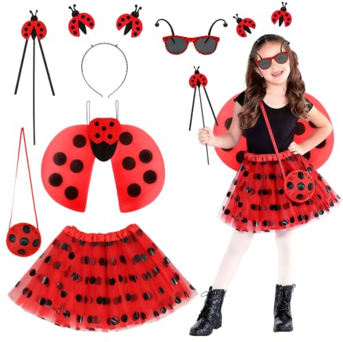 Capaneus Marienkäfer Kostüm Kinder Mädchen, Ladybug Kostüm mit Tullrock, Haarreif, Marienkäfer Flügel, Zauberstab, Brille, Tasche für Kinder Mädchen Fasching, Karneval, Halloween Cosplay