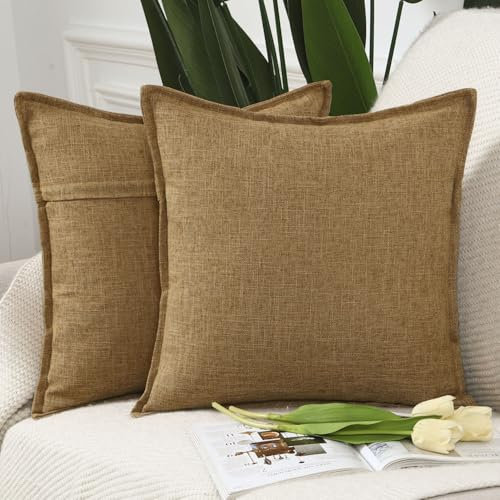 Madizz 2er Set Polyester- Leinen Kissenbezügen Weiche dekorative Kissenbezüge für Sofa Schlafzimmer Kissenhülle Ingwer 60x60 cm Quadrat