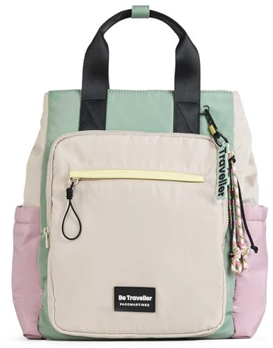 PACO MARTINEZ Mochila Traveller Multicolor para Mujer, Bolso Mochila para Portátil 13, Tamaño Grande, Asas Dobles, Color Gris, Malva, Verde Menta y Amarillo - 37x42x22 Centímetros