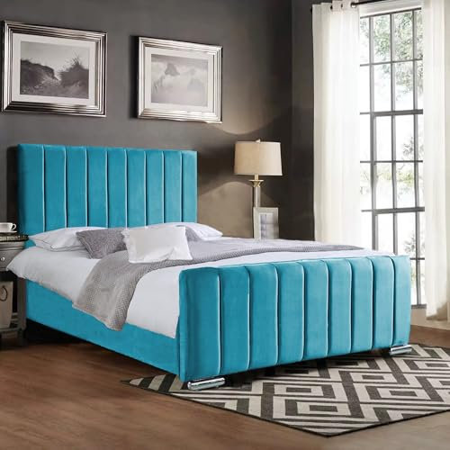 A.H. Beds Panel Line Upholstered Double Bed - 4FT6, Wooden Frame - Turquoise Plush Velvet Headboard and Footboard