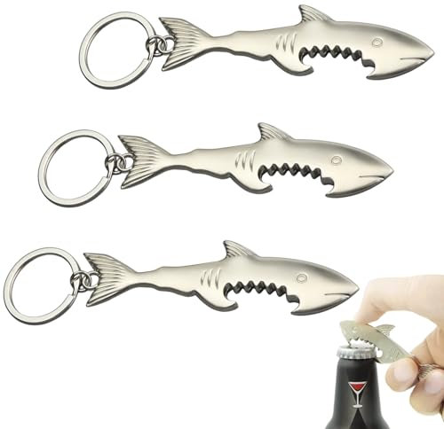 UILYNIU 3 Pcs Shark Bottle Opener, Beer Openers, Pop Can Soda Can Opener, Metal Bottle Opener, Bottle Opener, Creative Keychain Pendant, Bottle Opener Key Ring, Key Decoration for Men Women (Silver)