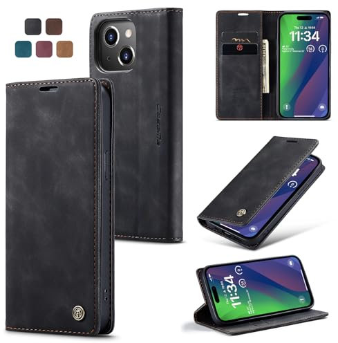 Cracedily Handyhülle für iPhone 15 Plus Hülle, Klapphülle Premium Lederhülle Klappbar Flip Case Tasche Magnet Kartenfach Standfunktion Klapphülle Schutzhülle für iPhone 15 Plus, Schwarz