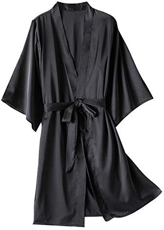 IQYU Peignoir en satin pour femme - Rose - Peignoir fin - Court - Kimono - Grandes tailles - Manches longues - Manteau de sauna léger - Avec ceinture - Vêtement de détente - Chemise de nuit d'hiver