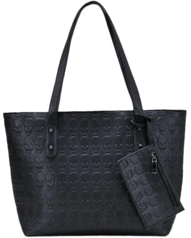 Ro Rox Skulls Bag – Schwarze Kunstleder-Einkaufstasche mit Totenkopf-Prägemuster