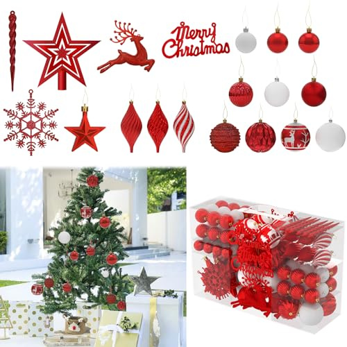 UISEBRT 108 Stück Weihnachtsbaumschmuck, Glitzerkugeln aus Kunststoff für Drinnen und Draußen, Weihnachtskugeln mit 4 Texturen, Lackiert, Matt Weiß, Matt und Glänzend, Weihnachtsbaumkugeln - Rot