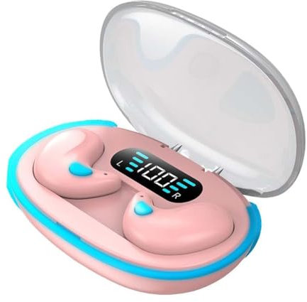 LUCKKY Bone Conduction Sleep Bluetooth Headset, In-Ear 5.3 Wireless Noise Cancelling Sports Earphones, Sleep Wireless Headphones, Fitness Headphones with LED Digital Display Charging Case (Pink)