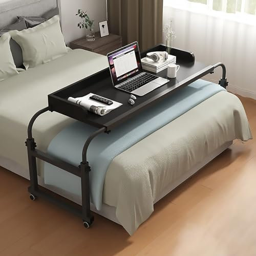 SFSLBFB Verstellbarer Betttisch mit Rollen, mobiler King-Queen-Laptoptisch zum Essen im Bett mit Verstellbarer Länge und Höhe (140 cm, schwarz)