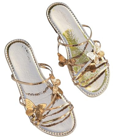 Women's Ladies Flat Sandals Glitter Fashion Dressy Sliders Wide Fit Women Shinny Butterfly Decoration Shoes Summer Open Toe Flat Sandal Fashion Retro Casual Slippers Shoes Stylish