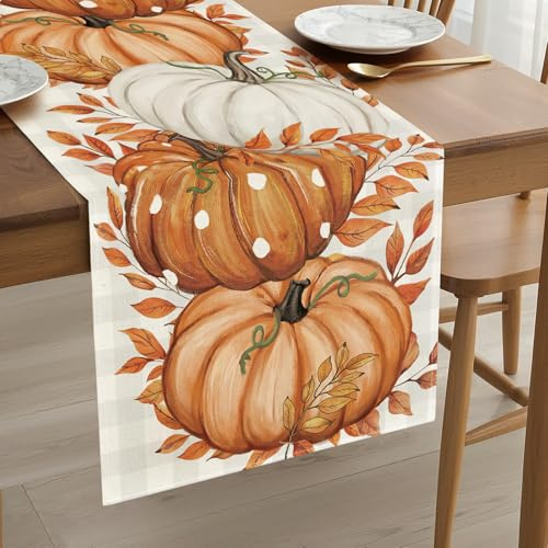 Tischläufer Kürbis Herbst Tischläufer Herbstlich 33x183 cm Herbsttischläufer Eukalyptus Kürbis Herbstläufer Tisch für Party, Familientreffen, Thanksgiving