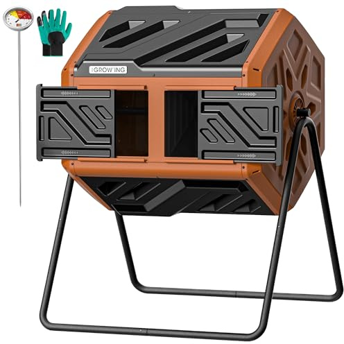 THEGROW'ING 43 Gallon Dual Chamber Compost Bin with Built-in Nuts & Thermometer, Outdoor Rotating Composter Tumbler for Garden Backyard, Orange