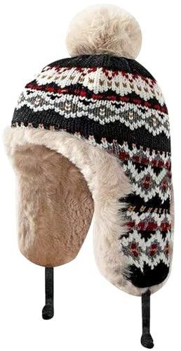 FOSDICK Trapper Mütze Damen Winter, Mütze mit Ohrenklappen, Winter Fliegermütze, Winddichte Trappermütze, Warme Wintermütze mit Ohrenklappen, Trappermützen für Damen, Ohrenmütze mit Bommel, Schwarz