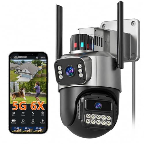 GUOANVISION Überwachungskamera Aussen, 6MP Dual-Objektiv Kamera Überwachung Aussen, 360° PTZ, 6X Zoom, 5GHz/2.4GHz, Farb-Nachtsicht, Bewegungserkennung, Zwei-Wege-Audio, IP66, Netzbetrieb