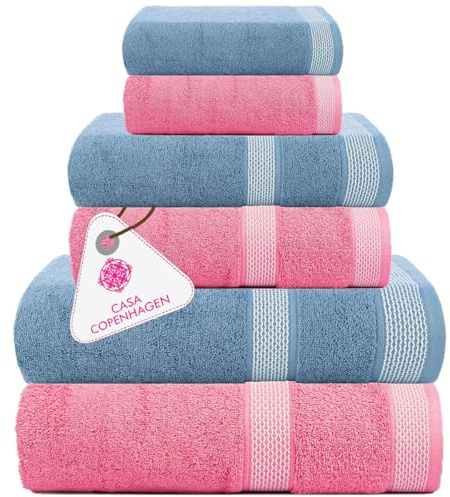 Casa Copenhagen Coffret 6 Serviettes Bain 600 g/m², Bleu poudré – Rose | Solitaire Mix 100% coton égyptien pur cuisine, douche: 2 serviettes bain, 2 mains, 2 gants (coffret cadeau femme et homme)