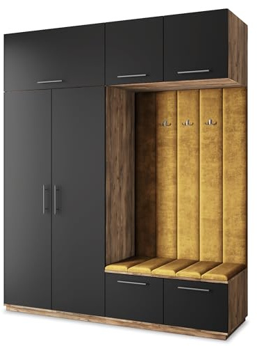 Masseno Flugarderoben Set Rema, Kleiderschrank-Set mit Sitzbank, Garderobenschrank Flur mit 5 Regalböden, Eiche Lefkas/Schwarz