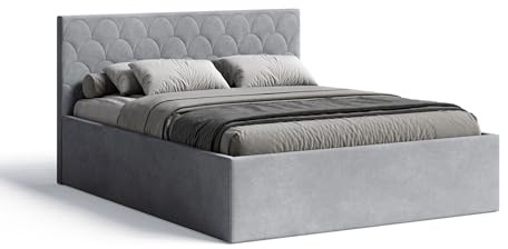 Meblofun Polsterbett Radius mit Kopfteil, 180x200 cm, Doppelbett mit Bettkasten und Lattenrost aus Holz, Velourstoff, Farbe: Grau