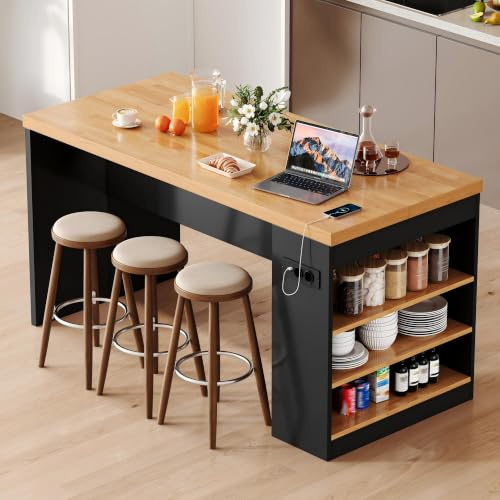 Merax Isla de cocina independiente con encimera de 40 mm, isla de cocina con iluminación LED, enchufe, 3 estantes abiertos, mesa de bar moderna para cocina y comedor, 155 x 80 x 90 cm, color negro