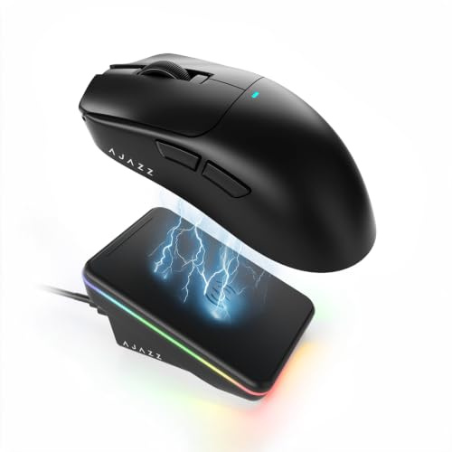 AJAZZ AJ200P NL Ultra Kabellose Gaming AI Maus, PAW3950 & Ladestation | Tri-Mode 8K Kabel/4K NearLink 2.4G/BT, KI-Sprachinput&Spielcoach, 50-42K DPI 100M Klicks, 65g superleicht ergonomisch-Schwarz
