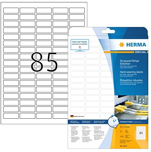 HERMA 8337 Wetterfeste Folienetiketten, 25 Blatt, 37 x 13 mm, 85 pro A4 Bogen, 2125 Stück, selbstklebend, bedruckbar, matt, blanko Klebeetiketten Aufkleber aus Folie, weiß