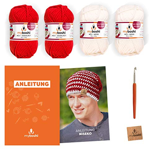 myboshi Häkelset Mütze Niseko, inkl. No.1 Wolle, Nadel und Anleitung, für Mützen und Schals, Häkelpaket, 30% Merinowolle Weiß, Rot mit Häkelnadel