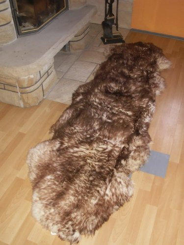 MEIWITT® Schaffell - Läufer Fell Teppich Echtfell Weiss - braun geflammt ca.200x70cm