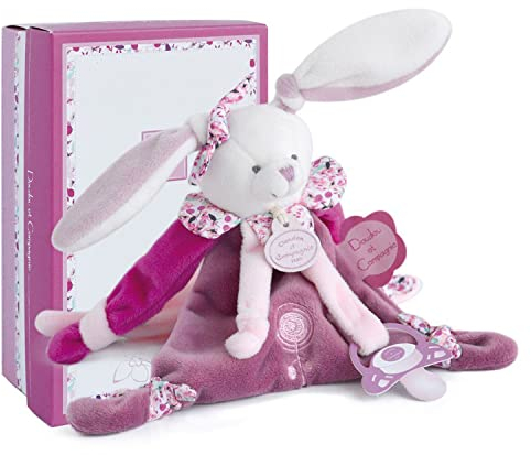 Doudou et Compagnie - Doudou Attache Tétine, Sucette - Lapin Cerise Rose - Boite Cadeau - 17 Cm - Idée Cadeau de Naissance Fille - Garantie Doudou Perdu - DC2701