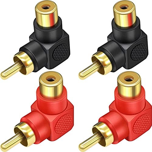 Warmstor RCA Male to Female Adapter Right Angle 4-Pack, RCA M/F Connector 90 Degree Elbow Gold-Plated (2 Black + 2 Red)