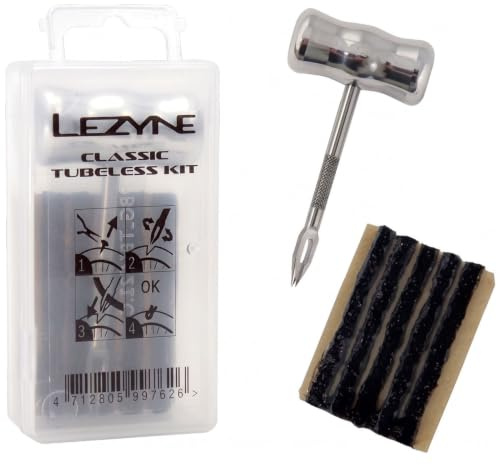 LEZYNE Classic Tubeless Bicycle Tire Repair Kit, T-Handle with Combined Reamer, 5 Tire Plugs, Compact Bike Tire Repair Kit